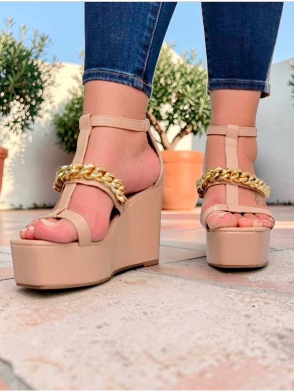 Gold Chain Nude Wedge Sandals With Ankle Strap & Open Toe Design For Women